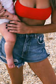 Obsessed with these high waisted medium wash shorts. I typically wear a 25 but in these I wear a 24. - Lindsay L.
