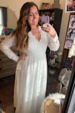 Over all its a wonderful dress! Really happy with the fit. I would usually get a large size, but went for an XL because I think the site over all runs a bit small. So with that in mind, the dress fits pretty well. Its a tiny bit long, I'm going to have it hemmed just a smidge. The thing I would change the most is the sleeve where it connects to the body of the dress/armpit area is a little baggy. I plan to have that taken in as well as long as it doesn't mess up the back. The dress would honestly be fine without the tailoring! But I got the dress for my elopement ceremony and don't mind getting it altered to be perfect. It is close to it to begin with. It looks great from the front and the back. Great dress for the price! - Rebecca A.