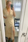 I bought this dress thinking I might use it for my rehearsal dinner but since my wedding got postponed to August because of the virus it might be better to go with a shorter dress. I love this dress so much though that I'm going to wear it to my bridal shower!! It's a little more form fitting on the hips then I thought but I actually like it like that because it gives you a shape!! Very flattering and happy with my purchase - Alyssa E.