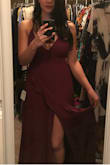I love this dress! It is a gorgeous, deep plum color and is a flattering fit. It is a good length in front (comes to top of feet) and a bit longer in back. I plan to wear with a wedge sandal or heel and I won't have to have it hemmed. My only concern is that it doesn't have enough support for my chest without wearing a bra. The straps can't be pulled tight enough to give me enough support. But I love the dress so much that I am going to look into buying some petal covers. - Kayla C.