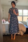 I had a hard time deciding between the green and dusty blue. I purchased the green first, then decided I also had to have the blue. I LOVE this dress! The length is work appropriate, the material is soft and flow-y, the waist is elastic which adds to its comfort, and I love the colors/print. I am tempted to buy it in all the colors but I'll stop at 2. If you are debating between colors, my opinion is the green is more flattering because it is darker. My measurements are never consistent with any company's/brand's sizing charts and so I'm appreciative of reviews that include measurements/photos because I use them as to figure out what size to buy. Other reviews said the waist is elastic and so I decided to go with size small, and am happy with my choice. Hope this helps others who share my challenge! - Alexia K.