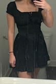 This dress fits very well and the material is very nice! Top portion hugs my body but is still able to be stretched so it's not too tight. Material is a little more thick than I had thought it would be but it's good because it's not see through and it's good quality, although it is closer to costume material so I wouldn't say it's very light. Length is very nice, not too short and not too long, which is good because I have a short torso and normally struggle with finding a good length with dresses. Overall I'm very happy with the dress and would say it's nice for the price. - Coral R.