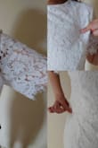 Great material, very white! Love it. It has a classy look, very conservative goes all the way to my knee. Not see-through has a double layer, very light. I ordered a small size, although is loose from the bust, arm, and waist, it is stretchy so going downsize will fit better. - Alejandra F.