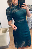 This is a wonderful dress! Incredibly comfortable and flattering. Shows just enough skin without being too revealing. The lace is perfect and you can even wear a regular nude bra with it! I got a large and it fit me surprisingly well. It is a little large in the arms for me, but that's a fit issue I have with all dresses (too big in the hips!) if you're between sizes, I would say size up but the material does stretch a little. - Amy M.