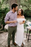 Due to Covid-19, my large wedding was pushed from May to September, and we opted for a small elopement with family in the meantime. I couldn't get my wedding dress from my seamstress because of the pandemic, so I ordered this one online, and it couldn't be any more perfect. I ordered a small and a medium, and the medium fit perfectly. It is form-fitting, but in a flattering way. It is a thick, stretchy material that hugs your curves in all of the right places. It was long on me, and obviously I didn't have time to get it hemmed, but it wasn't a problem because of the slit. I will never get over how perfect this dress is. If I hadn't spent so much already on my other wedding dress, I would wear this for the wedding in September too! - Brittany O.