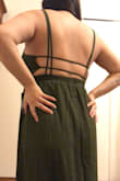 This dress caught my eye with the strappy back. I really wanted to love it and it looks great on others with similar measurements but sadly my 36DD are not perky enough to look cute in this dress with no bra. I even considered boob tape in order to keep the dress, it's so cute (I did a boob tape hack in the photo!). I ordered a M and if I wasn't 28 weeks pregnant with an extra 15 lbs on me currently, it might fit better. I was 135 lbs pre pregnancy. The chest area puckers a bit on me and the straps could be just slightly more snug as they slip and slide around a bit. Didn't flatter my current shape but I'd give this dress a shot though if you like it! Would have to hem if you're short like me. There's a good 4-5 inches of extra length at the bottom. - Katrina X.