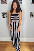 The material is very light and comfortable. The pants are high enough to feel comfortable showing a bit of midrift. The pants are long but the length allows it to wear with heels with no problem. - Susan F.