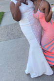 I wore this for my elopement and it was beautiful. It does have a good stretch and fit well over my hips and butt lol and I'm tall and it went all the way down to the floor - Keina W.