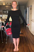 I was a little nervous when it came but after trying it on, I fell in love! I have not worn it yet as I bought it for future work events, weddings and semi-formal family functions. The arms are slightly on the tight side, and the hips hug very snug but my suggestion is to measure yourself and see what other people your measurements bought. I would've ordered a medium but a small due to measurements was true to size! I cannot wait to flaunt this dress as it definitely flatters ones back and figure. Material is slightly stretchy and the zipper on the side makes it easy to don and doff. Do not recommend wearing with a runners sports bra tan haha. - Alexandra C.