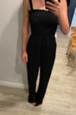 This jumpsuit would be super cute except the crotch is sewn about a 10 inches past where it should be and looks and feels ridiculous when worn. I have an average length torso and long legs so I have never experienced something like this with a jumpsuit. Super disappointed. - Sarah B.