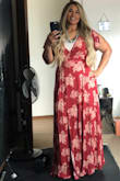 I love this dress! It's a casual fabric that hangs beautifully and can be dressed up or down depending on shoes and accessories. I'm planning on wearing it with a jean jacket for the next rodeo or country concert I go to. 

Although this dress is really cute, I did find that the bust shows a lot of cleavage, so if I'm going for a more modest look I have to wear a slip or camisole underneath. Also, I do not think the front panels of the dress wrap around enough, so when the wind blows or when I sit down, they come all the way open up to my bust. Not great. I chose to wear a full-length slip that I bought on amazon underneath. That way, if the wind blows the panels apart my legs aren't exposed. Looks great. - Abigail O.