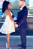 I am 5'6 tall and 135lbs . I got the medium but I think the small would fit even better .
I ordered this dress for my wedding at the San Diego courthouse! It is so beautiful, I got so many compliments! Look great on pictures too , really cute and A little bit sexy at same time . Made me feel really beautiful!
I am Brazilian, my friends and family also loved it . - Camila M.