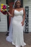 Wore this dress on my wedding day. Thought I was getting something simple, since this was only a small ceremony and cocktail hr prior to our big wedding and reception. But boy did I underestimate! This dress was so beautiful. I was in love and got so many compliments. I did have to hem, and take in the waist and straps a bit, but overall I was in love with my wedding dress! - Shari S.