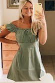 I wore this dress for my graduation party and I loved it! I was worried about it being off the shoulder, but it worked out well for my party! It was a little big around the chest but it still fit me pretty well. In the pictures the sleeves look puffy but it didn't affect the overall look of the dress. - Hannah A.