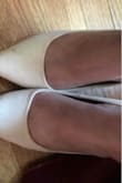 I normally either wear 6.5 or 7 depending on the shoes(I would consider my feet on the wider side). I ordered 6.5 for this one but it's a little big on me like it would slip out of my feet every few steps and I can squeeze my index finger in as you see on the first photo so I'm not sure if that means I needed to size down to a 6 or not   (I have already wore it few times as you can see the stain on my right shoe:( and was able to manage it with a low level of annoyance but maybe I'll try to stuff some tissues in the front next time?). But overall I like them, it's a nice shade of nude for my skin tone, and the height is just perfect for me (I think this may just be the max. Height that I can handle comfortably...). - Sophia T.