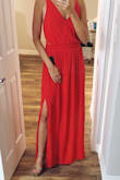 Love this dress and the open back. I wore higher heels with it because it was a little long for me but my shoes made it perfect. I probably would have been ok to go down a size but this dress was a hit. - Carolyn O.