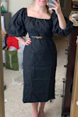 I'm very into puff sleeves right now, so this was a big draw for me!! I have larger hips and sized up to a Large, which was the right choice with a straight dress like this. I have some room to move in the midsection, but I definitely can't step into the dress - I have to pull it on over my head. It loses some shape in the middle with all the black, so I added a belt to help define my waist. I like that the sleeves could be worn up on the shoulder or off! They are very voluminous, so they may be overwhelming on someone petite - they're on the border of being too puffy for me. I may need it hemmed a bit, but not much. Fabric was very wrinkly upon arrival so I can only assume it will wrinkle easily when you wear it as well. - Cassidy E.