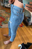 Love these so much, wear for a few hrs to stretch out the thighs!! Cons: the waist & front of jeans is a little looser than I'd like. I might get them taken in - Kelly O.