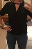 Nice quality! Fabric if better than I expected! No stretch and I like the slightly looser fit as the model appears. I have wider hips, so on me the small is slightly tighter than I would like, but I wouldn't size up! One of my favorite tops! Easy to dress up or keep casual! - Cory G.