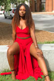 I ordered this outfit for my birthday, and I absolutely loved it to say the very least! While I was taking these pics multiple people stopped to compliment the outfit. The color goes so beautifully with my skin, and the slits on each side of the pant's legs were such a sexy touch. For someone my height I would probably recommend wearing some sort of heel, as it'll drag a bit if you don't. Other than that, solid 10/10! <3 - Josie W.