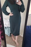 I was looking for a fitted long sleeve dress for winter. I went a size up so that it would be more forgiving on my winter bod; it feels a little loose but I think it still looks good. Material is stretchy, soft, and warm. Color is a nice deep green. The title suggests this dress is a midi dress, but as a short person, it ended up being more of a maxi dress. I may end up hemming the bottom. - Tiffany P.