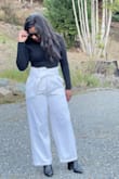 I'm 5'1 so the length is perfect on me. The material is nice and thick not see through. They are a off white color.  It's very high waisted which I love. I was very skeptical but I'm glad I bought it because it ended up being one of my favorites. - Auxilia C.