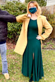 Gorgeous color. Works for short heights! The slit can be as subtle or dramatic as you want. Material is thick and warm. Very stretchy, I'm bloated after stomach surgery in these pics and it hugged my curves perfectly and made me still feel confident. - Katie B.