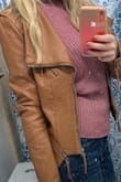 I have this jacket in black and absolutely love the style, so decided I needed a camel option as well. The color is lovely and vibrant but versatile enough to pair with any outfit! It is my new go to jacket and I love the style. The sleeves are a bit long on me, but I typically wear a S/M and the medium size fit me well. - Brooke R.