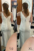 I love this dress, but had to size up! For length and for extra space in the hip & butt area. I attached a picture of the large and XL. I ended up having a seamstress take in the XL at the waist area because it was a little loose - Autumn H.