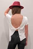 The open back is nice to mix up with a lace bralette or strappy front close bra. It is obvious with shirt when I get cold and don't have something under it. I love how this can pair with high waisted yoga pants for cozy or high waisted jeans for something more flirty. It tends to slip and go off one shoulder, but that goes with the flirty look. I need to be better about storing after washing to keep it from getting wrinkles. Also Wilinda Burgundy Felt Hat to add some color. - Andie F.
