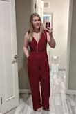 Loved this pantsuit. The color was great and very comfortable. I ordered a medium and a large. Both fit but the medium was a little tight on my torso so I went with the large. Length was a little long but I was able to wear cute heels with it. Definitely recommend! - Rachel A.