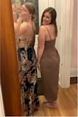 After reading all the reviews, I went with a S and it fit perfect! I usually love high necklines and this did not disappoint. I also love the exposed back. The length is perfect with 4" heels. My friend (who is the same height but with bigger boobs and butt) also tried on this dress, but I don't think the top looked as good; there was more side boob because the straps had to be looser to accommodate her bust (trust me, her boobs looked way better in all the other dresses we tried on lol). 10/10, I'm keeping and wearing to a late summer wedding. - Meg S.