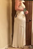 I didn't see any reviews from bodies similar to my size, so this is for anyone similar to me. I ordered a Large because I simply don't wear anything in size Medium, but would definitely need to size down. The sides on the top were flared out in a weird way and the midsection had weird bulges in the seam that weren't laying right. But the back is very pretty and flattering. Also, the dress is a bit short for my height. Pretty but didn't work out for me! Also would definitely need to get the dress steamed or something because of the material. - Beka W.