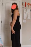 I have broad shoulders, wide hips, and wear a 36C. It looks great overall and I plan to wear it for graduation. The tight, fitted shape around the butt is a little awkward if you have hip dips, but it's not so bad that I won't wear it. The bust cut is perfect for me, and the straps are adjustable so I was able to fix it how I like it. If your bust size is too much bigger than mine, you may have an issue, but for my size it was perfect. I love the length and the slit is very flattering. - Noelle H.