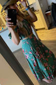 I had been waiting for this green two piece to come back in stock in my size. As soon as it did... I snagged it and I got this final sale Lulus hat. The skirt and top are beautiful. I like to tuck the top under about an inch or two so that it shows a little more skin. My waist is short and sometimes these two pieces touch. The roll under works perfectly and stays. The material is nice and flowy and there are two slits on either side of the skirt keeping you cool. I'm 5'6" and the skirt is extremely long. I want to wear this with flat sandals so I will definitely have to get this hemmed. - Lisa F.