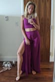 Exactly as pictured. Very fun outfit, I got a lot of looks and compliments on it. I dressed it down for brunch with flats but the pants are definitely long enough for heels. Color is great, can also mix and match the pieces. Overall I love it. - VERONIKA V.