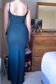 This was very fitted and I ordered an XS based on reviews but a S would have been better. The green color is very pretty. Feels like a thick, quality material. In 4 inch heels I do not think I would need to get it hemmed. The straps are adjustable but look a little cheap and are very wide set in the back. - Michelle M.