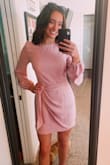 I love this dress! It was extremely elegant, but also very comfortable. I got so many compliments the entire night! I loved the bell sleeves and the tie-front really accents your figure! It fit perfectly and I would go with your normal size - Claire R.