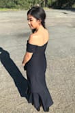 The color is very beautiful, like a midnight blue that is close to black.
The dress is a midi, but on me it was the perfect length with my 2 inch sandals.
The top portion and the waist of the dress fit me well, but it was fairly loose below the hip.
Overall, this dress is amazing and one of my fanciest dresses, aside from my wedding dress. - Christine C.