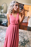 I ordered this dress to wear to a wedding and it looked absolutely stunning! So many compliments and the color fit perfectly for a spring wedding. The back was BEAUTIFUL and my favorite. I was so worried about how the dress would fit but it fit perfectly! I ordered a size down because I normally wear a medium so I would suggest ordering a size down. But all things aside best dress, the material was great, and once again the back is FLAWLESS! - Jordan N.
