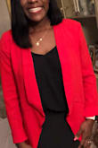 Bought this jacket back in December to wear for the holidays. It was so classy to have on. A bit long in the sleeves. Paired it with some crop jeans that I also purchased from Lulus. The material is a bit lighter than the usual blazer feel. Still an awesome purchase! - Hermanette J.