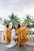 This dress is just as pretty in person as it is online. The wrap was very flattering on my 3 bridesmaids. I did have to hand sew the bust closed on two of my girls. The snap button did not hold and it was way too low cut. If you're busty definitely size up! I would say the dress runs a little small in the bust. I could have sized up on two girls but the dress still worked out by sewing it closed. Sizes on first photo, from left to right, M, XS, L. Could have ordered, M, S, XL. - Kenya S.