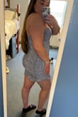 I am absolutely 100% obsessed with this dress! I normally don't write reviews but this dress deserves some recognition. I've come to realize that I have a hard time finding dresses that flatter my body type, but if you have curves or a little "muffin top" like me you definitely need to BUY THIS DRESS! I am typically a Large and it is pretty true to size, the dress has a snug fit in the right places but it is also stretchy and forms to my body. The dress is not as short as I was expecting it to be. It has a darker layer underneath that if you pull it down it doesn't ride back up. I love the ruffles at the bottom and it's adjustable straps. This dress is definitely comfortable and it is a plus that I don't need to wear a bra with it! I will be wearing this dress as it is or with a cardigan depending on the weather. - Hannah M.