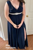 My 16 yr old loved this as a simple option for a prom dress. Being thicker in the middle and smaller on top the 1X fit the bust and shoulders great but when zipped the waist was too tight and created the types of budges you don't want. There is not much give in the waist fabric so order large enough to fit there. We did exchange it which was so simple using the online exchange option. The 2X fit so much better in the waist and we knew the top would likely be too big that we'd need to have it altered. That wasn't too hard for us to do since only the shoulders needed to be taken up a bit. Overall, the dress fits very comfortably now and my daughter loves the peekaboo slit. At her height it is a perfect length with a 2-3' heel. Anyone shorter than 5'9/5'10 may need to hem unless they can wear very high heels. We added a crystal belt to give it more of a prom look. - Christa H.