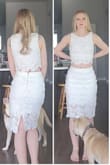 I love this 2 piece. the top is a little big on me but doesn't look bad, I do plan on getting it taken in though. I've got a booty so the bottoms fit perfect, tight but great and very comfortable. I wore it for my college graduation and plan on wearing it for one of my bridal events. it's stunning. material is a see-through if you wear anything but a nude or white bra, but its white. can't expect it to not be. the lace and under material is very comfortable. if I could keep my small skirt and get an extra small top I feel that would be best, but I definitely wouldn't down size knowing they come together. photo 1 shoes the top as is, photo 2 shows the top gathered in back where I plan to take it in.. (I did wear it as us for my graduation ceremony) - Cheyanne D.