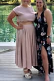 I was super hopeful about this set, and let me tell ya, SUPER cute. I loved where the skirt and the top hit me at my waist. The skirt portion was a little heavier than I thought, just more material and fabric. Would definitely recommend. 
I have a large bust (36DD-DDD) and the large fit perfectly. - Saffron S.
