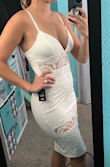 This dress has so much potential, but didn't hug me the right way - I got a small and it fit nice on top but was way too tight on bottom, also the cups were almost a tad big for me (see side view pic). Seems better suited for a slightly larger bust and smaller hips than mine. The straps were surprisingly comfortable and stretchy and the material has a nice feel to it. Might try a medium and update review on fit. - Stephanie C.