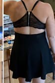 Bought this for a night out in Vegas later this summer and I think it will be perfect. I love the back detail. My waist is on the thicker side for my size so I went up to a L and glad I did because there isn't any give in the waist part of the skirt (and it hits at your true waist) so this gave me enough room to feel comfortable. It's a little big in the chest for me but the adjustable straps help and I won't need to wear a bra. The hip area is very forgiving due to the a-line style. If it weren't for my waist I definitely could have definitely sized down to a M. The dress is short but not so short that I'm uncomfortable. 

For reference I usually wear a size 6/8 in jeans and mostly small tops. Athletic/straight build. - Kelly L.