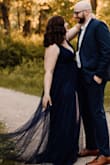 Ladies, this dress made me feel like a princess for princess for my engagement photos. The navy blue color was a perfect contrast for my summer background. Only con was how high the slits went! If I would have more time I would have given it a couple stitches to close them up! But DO NOT let it deter you! I will let the photos speak for themselves! - Sara H.