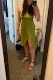 Fit true to size. The slit is high but still covers everything! - Ali R.